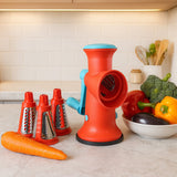 Manual rotary grater with 4 interchangeable blades on kitchen counter
