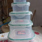 Complete 5-piece plastic kitchen organizer container set.