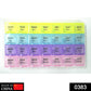 Top view of a compact 28-slot weekly pill organizer with clear daily compartments.
