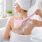 Velvet Wipe Back Scrubber with long handle and soft, blue bristles for showering.
