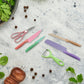Aerial view showcasing all six pieces of the professional kitchen knife set.