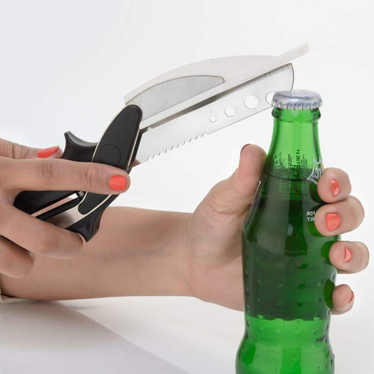 Black stainless steel 4-in-1 clever cutter with ergonomic silicone grips.