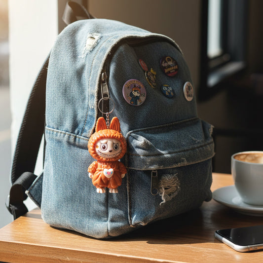 Close-up of face changing cartoon character keychain toy showing different expressions
