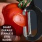Detailed view of the precise julienne blade on the vegetable peeler.
