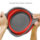 Round foldable silicone strainer demonstrated in a kitchen setting.