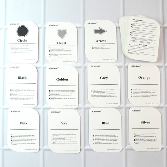 Complete 32-piece flashcard set featuring colors and shapes with bold text