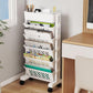 Multi-tier plastic shelving unit on wheels for versatile storage