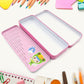 Close-up of the blue pencil box and art supplies from the kids stationery kit.
