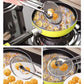 Frying filter spoon in action, lifting fried snacks from a pan.