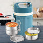Stackable insulated stainless steel tiffin with handle, featuring three compartments.