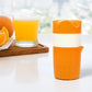 Efficient citrus press with an integrated pouring spout and pulp filter.