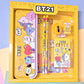Organized metal pencil box and stationery set for kids with sharpener, pencils, and erasers.