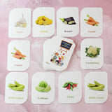 Vegetable flash cards showing real tomato and other vegetable images for kids learning