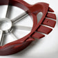 Perfectly sliced apple pieces arranged on a plate, with the core neatly removed by the apple slicer.