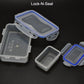 Durable food storage box with its components displayed, emphasizing the 4-side lock system.