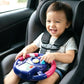 Close-up of child-friendly steering wheel toy featuring bright lights