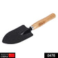 Close-up of the steel blade and comfortable black grip of the hand trowel.