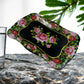 Floral stainless steel serving tray on a dining table, showcasing its aesthetic appeal.
