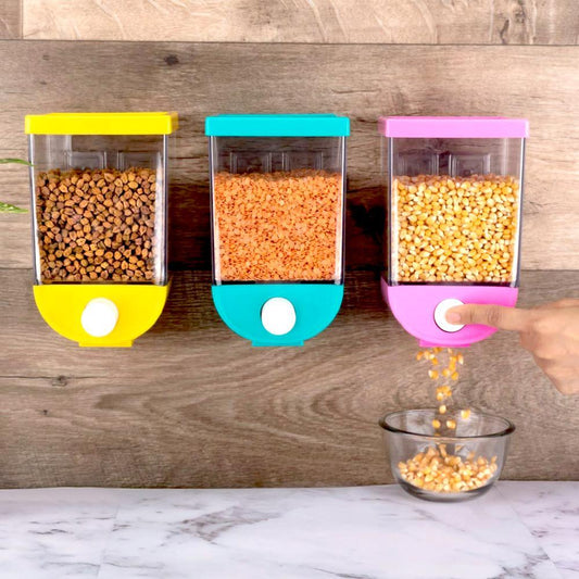Three wall-mounted dry food dispensers in assorted colors, demonstrating efficient kitchen storage.