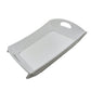 White foldable serving tray with handle, ideal for kitchen and dining, displayed on a clean background.