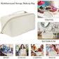 Premium cream travel makeup pouch featuring multiple compartments and zipper
