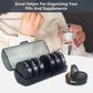 Detailed view of the pill organizer's secure clasp and smooth finish.
