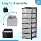 Grey plastic drawers with stone texture fitted into black frame storage cabinet