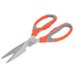 Stainless steel kitchen scissors cutting a piece of meat, demonstrating their strong grip and sharp edge.