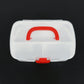 Detail shot of the carrying handle and secure latch mechanism on the portable first aid kit box.