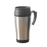 Stainless steel insulated coffee mug with lid and ergonomic handle.