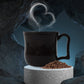 Elegant black plastic coffee mug, versatile for both hot coffee and cold drinks.