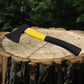 Hatchet axe effectively splitting a log, showcasing its wood cutting power.