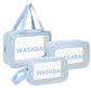 Side view of transparent waterproof travel toiletry bag set showing size variations