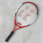 Red and black tennis racket with lightweight aluminum frame, side view