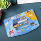Vibrant cartoon metal compass box for kids, showcasing the included 6-piece stationery set.