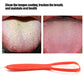Person demonstrating the use of the plastic tongue cleaner for maintaining fresh breath.