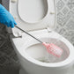 Side view of ergonomic toilet cleaning brush with splash-resistant brush head