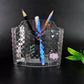 Clear organizer holder arranged with bathroom accessories for neat storage
