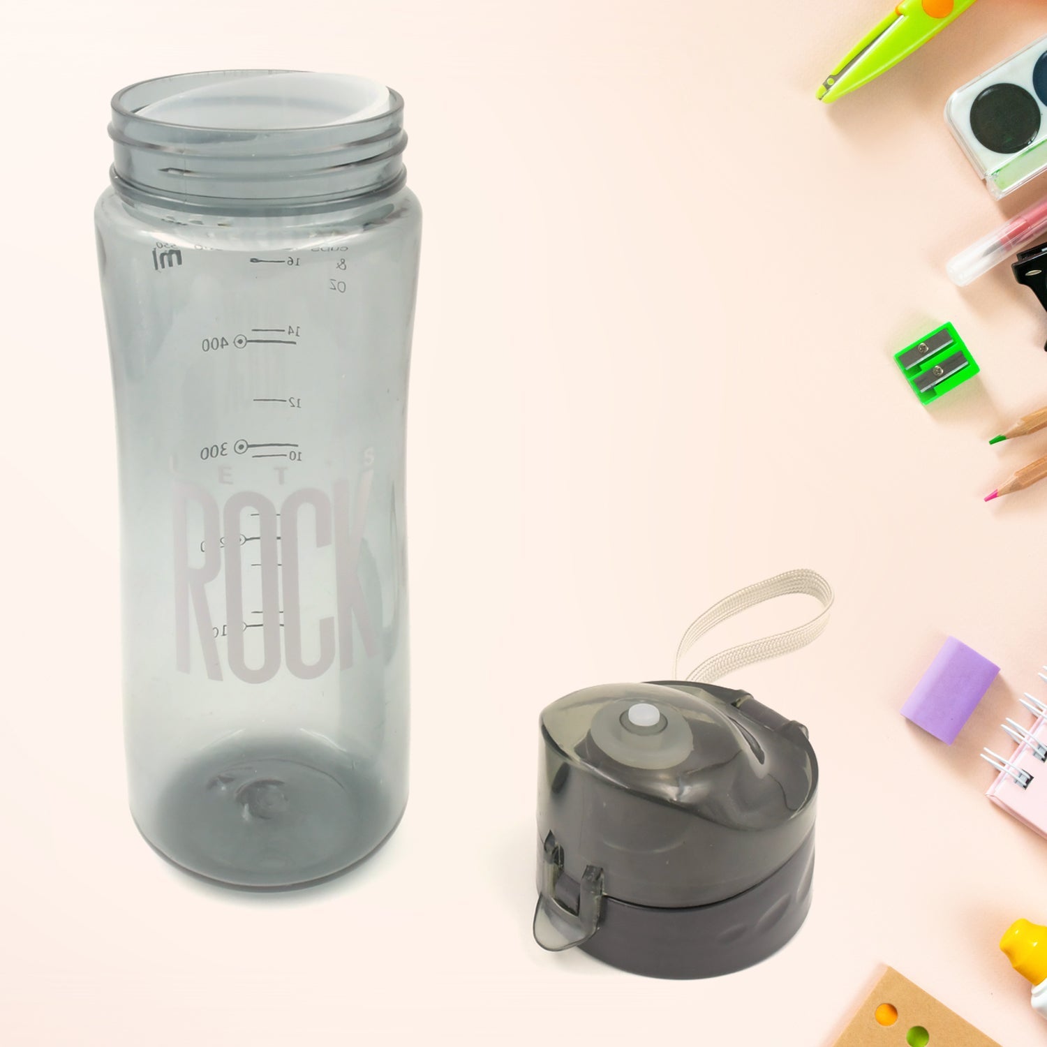 Detail of the secure, leak-proof plastic water bottle and carry case.