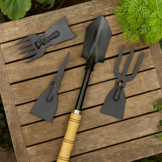 Close-up of gardening hand tool kit with rust-resistant metal and wooden handles