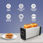 Detail of Orbit toaster's black end panels and sleek stainless steel design