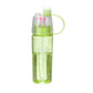 Close-up of the blue 600ML spray water bottle, highlighting its sleek design and BPA-free material.