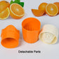 Durable handheld fruit juicer, a blend of BPA-free plastic and metal parts.