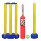 Young child happily playing with the colorful plastic cricket set outdoors, demonstrating its ease of use.