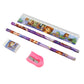 Full view of the five-piece cartoon design stationery set on a desk.