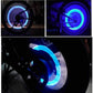 LED tyre valve caps glowing brightly on various vehicle tires to show versatility.