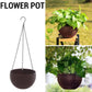 Six hanging plastic planters suspended at different heights, creating an attractive indoor plant display.