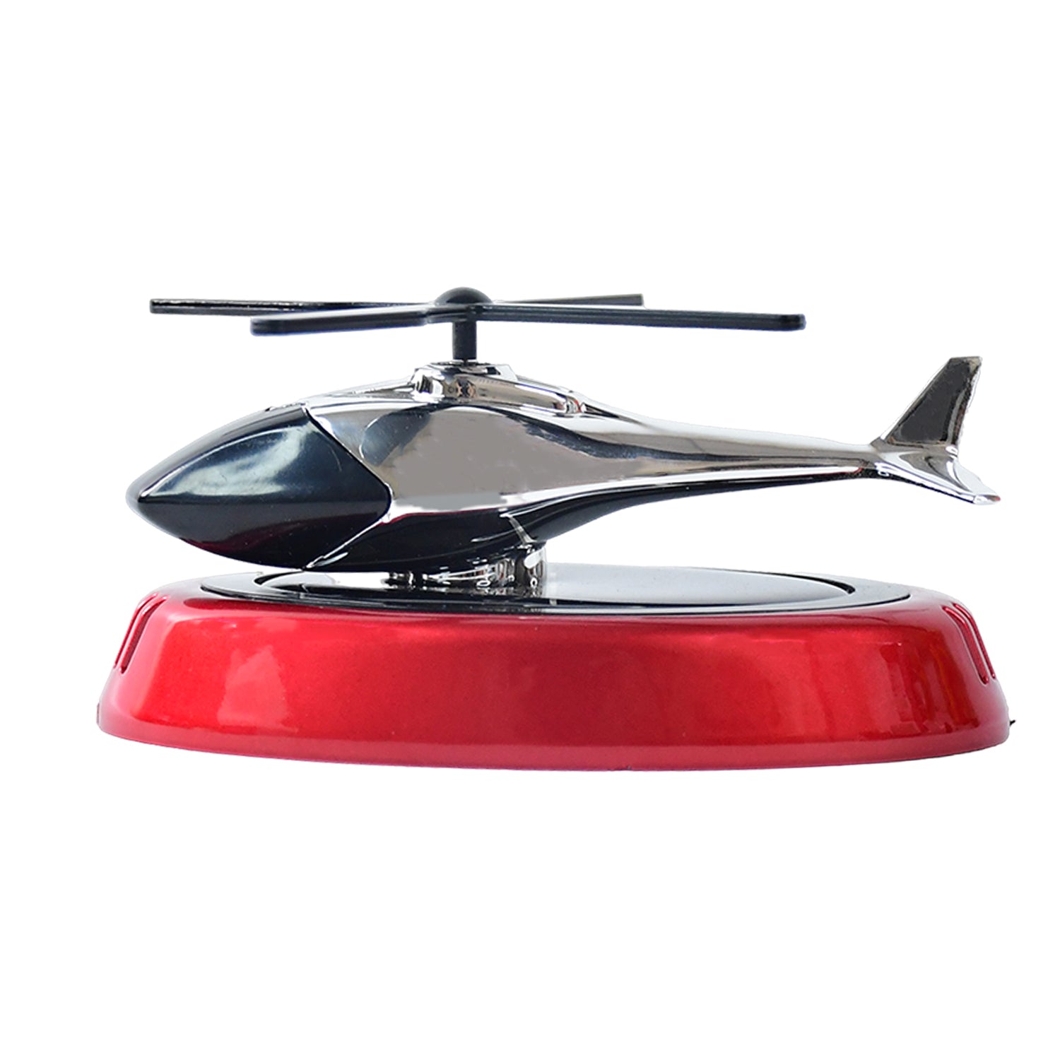Solar helicopter air freshener positioned inside car interior