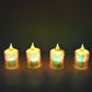 Multiple flameless LED candles beautifully arranged as part of a Diwali decoration setup.