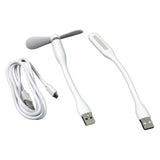 A compact Portable USB Fan Set with a mini fan, LED light, and micro USB cable, shown ready for use.